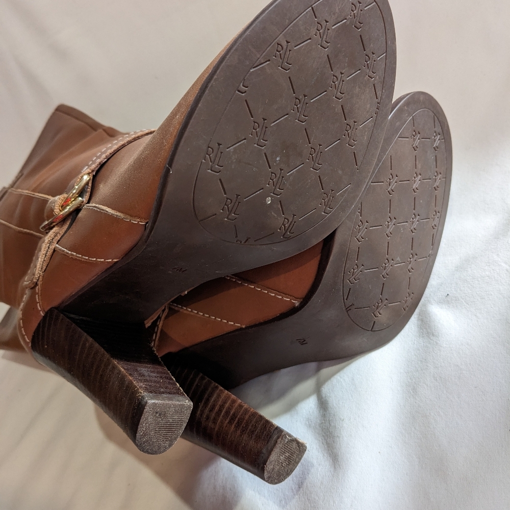 Lauren Ralph Lauren Heeled Tan Leather Boots with Buckle Size 7 - Picture 7 of 11